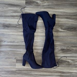 Navy Blue Chunky Over the Knee Heeled Boots